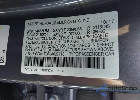 2018 Honda Accord Sport from USA, damaged, VIN 1HGCV1F37JA027716
